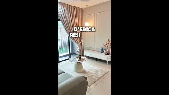 Living features: light grey fabric sofa, round coffee table, area rug with geometric pattern, wall-mounted TV, white TV console, decorative vase with flowers, floor-to-ceiling windows, curtains with vertical stripes, wall paneling, recessed lighting, decorative wall art; style: modern; view: garden.