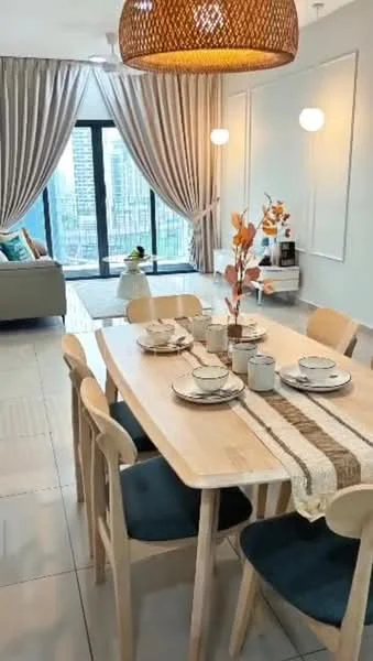 Dining features: 6-seater dining table, wooden dining chairs, table runner, ceramic plates, glass cups, decorative vase with flowers, pendant light fixture, floor-to-ceiling windows, curtains, neutral wall color, tile flooring; style: modern; view: city. Living features: sofa, decorative cushions, coffee table, area rug, wall-mounted decor; style: modern; view: city.