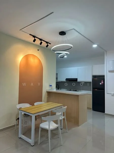 Kitchen features: white cabinets, wooden countertop, stainless-steel fridge, built-in oven, 4-burner gas hob, pendant light fixture, recessed downlights, grey tiled flooring, dining table with 4 white chairs, cream painted walls, open layout, kitchen island; style: modern.