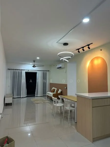 Living features: white painted walls, polished ceramic tile flooring, 5-blade ceiling fan with light, recessed LED downlights, chandelier, sofa in beige, wooden dining table, 4 white dining chairs, floor-to-ceiling windows with sheer curtains, sliding glass door, area rug with geometric pattern, wall-mounted air conditioning unit; style: modern.