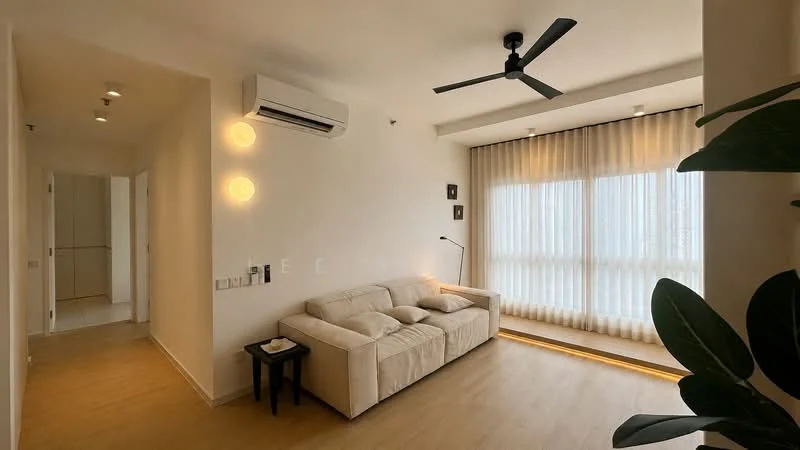 Living features: 3-seater fabric sofa in light beige, floor-to-ceiling windows with sheer curtains, wooden flooring, 1 wall-mounted split AC, 5-blade ceiling fan, recessed downlights, decorative wall art, lampshade floor lamp, light wood accent lighting along the base of the wall, green indoor plant; style: modern.