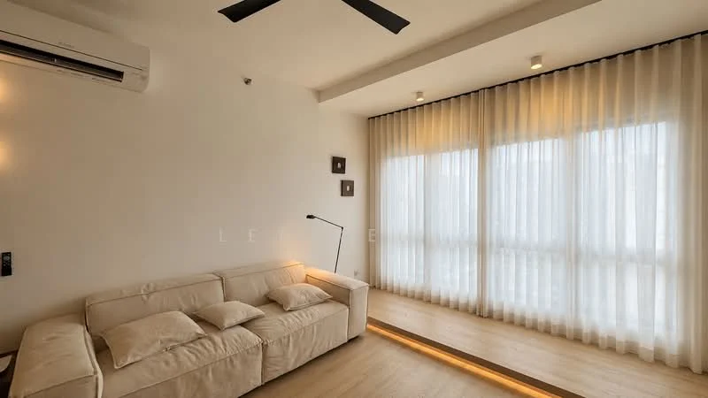 Living features: 3-seater fabric sofa in cream, floor-to-ceiling windows, sheer curtains, light wood flooring, 5-blade ceiling fan, recessed downlights, wall-mounted air conditioning unit, decorative wall art, LED strip lighting along the floor; style: modern.