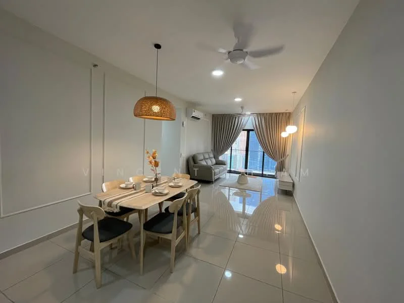 Living features: white painted walls, glossy ceramic tile flooring, 5-blade ceiling fan with light, sofa in light grey fabric, floor-to-ceiling windows, sheer curtains, dining table with 4 chairs, decorative pendant light, wall-mounted light, decorative vase on table; style: modern; view: city.