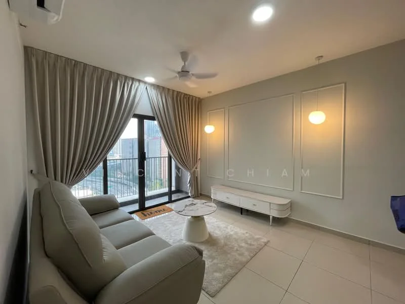 Living features: 3-seater fabric sofa in light grey, coffee table, TV console, wall-mounted TV, area rug, floor-to-ceiling windows, sheer curtains, recessed downlights, ceiling fan, decorative wall paneling, light fixtures, neutral wall colour, tile flooring; style: modern; view: city.