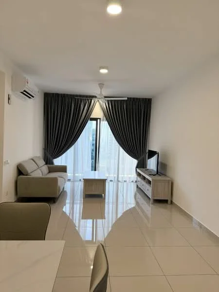 Living features: light grey fabric sofa, coffee table, wall-mounted TV, floor-to-ceiling windows, sheer curtains, blackout curtains, white painted walls, glossy tile flooring, 1 wall-mounted split AC, ceiling fan with light, decorative wall paneling; style: modern; view: city.