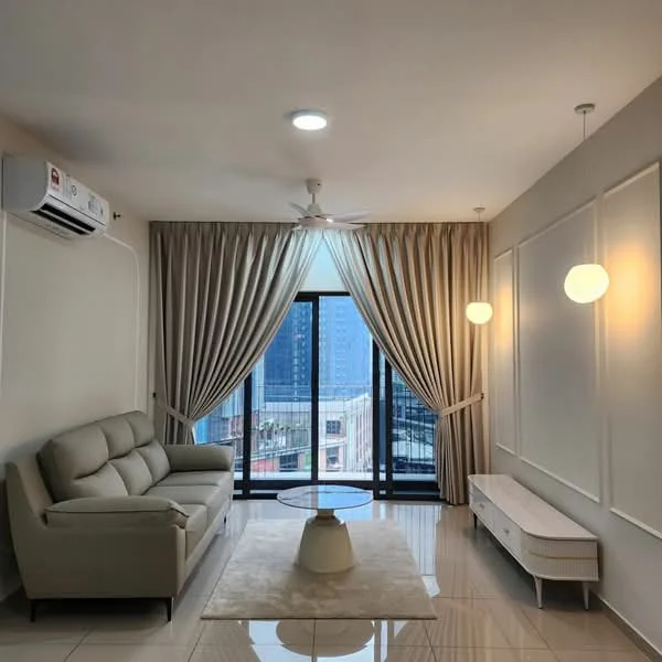 Living features: 3-seater fabric sofa in light grey, coffee table, TV console, wall-mounted TV, area rug, floor-to-ceiling windows, sheer curtains, recessed downlights, ceiling fan with light, wall-mounted air conditioning unit, decorative wall panels, light fixtures with round globes; style: modern; view: city.