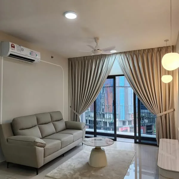 Living features: 3-seater fabric sofa in light grey, round coffee table, area rug, floor-to-ceiling windows, sheer curtains, recessed LED downlights, 5-blade ceiling fan, wall-mounted split AC, decorative pendant lights; style: modern; view: city.