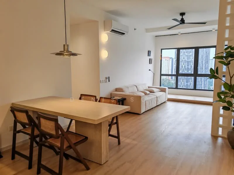 Living features: 3-seater fabric sofa in beige, wooden dining table, 4 wooden dining chairs, floor-to-ceiling windows, light wood flooring, ceiling fan, wall-mounted air conditioning unit, decorative wall with cut-out design, natural light from windows, indoor plant; style: modern; view: city.