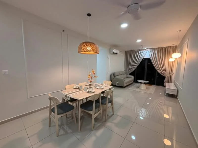 Dining features: 6-seater dining table, wooden dining chairs with blue cushions, pendant light fixture with woven shade, white painted walls, glossy tile flooring, recessed LED downlights, floor-to-ceiling windows, curtains, sofa in living area visible, coffee table in living area visible, air conditioning unit on wall; style: modern; view: city.
