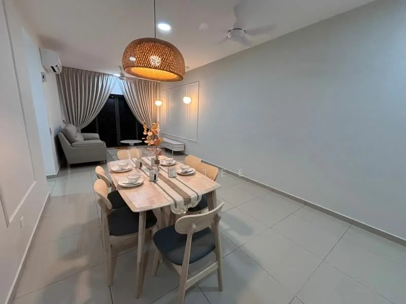 Dining features: 6-seater dining table, wooden dining chairs, pendant lighting with woven shade, recessed downlights, cream painted walls, large window with sheer curtains, tile flooring, ceiling fan; style: modern. Living features: fabric sofa in light grey, decorative wall panel, air conditioning unit; style: modern.