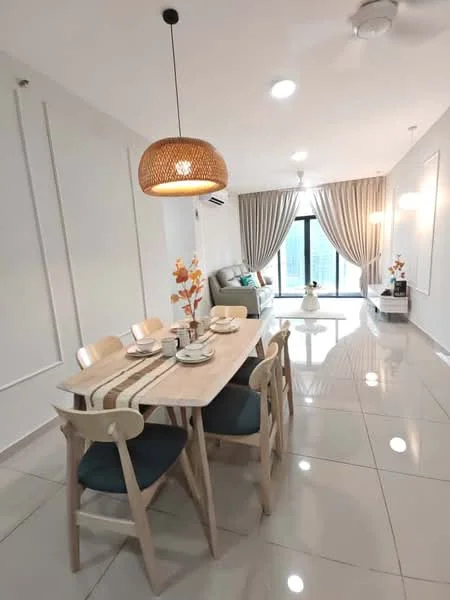 Dining features: 6-seater dining table, wooden dining chairs with upholstered seats, pendant light fixture, white painted walls, glossy tile flooring, floor-to-ceiling windows, curtains, decorative vase with flowers, decorative wall art, sofa in background, coffee table in background; style: modern; view: city.