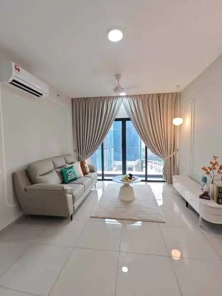Living features: light grey leather sofa, white area rug, white coffee table, wall-mounted TV console, floor-to-ceiling windows, curtains in light beige, 5-blade ceiling fan with light, wall-mounted split AC, decorative vase with flowers, decorative items on TV console, neutral painted walls, glossy white tile flooring; style: modern; view: city.