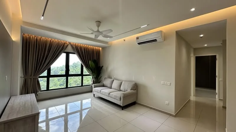 Living features: 3-seater fabric sofa in light grey, floor-to-ceiling windows, sheer curtains, white painted walls, polished ceramic tile flooring, ceiling fan with light, wall-mounted split AC, decorative indoor plant, recessed LED downlights; style: modern; view: garden. Room features: white painted walls, polished ceramic tile flooring, doorway leading to hallway.