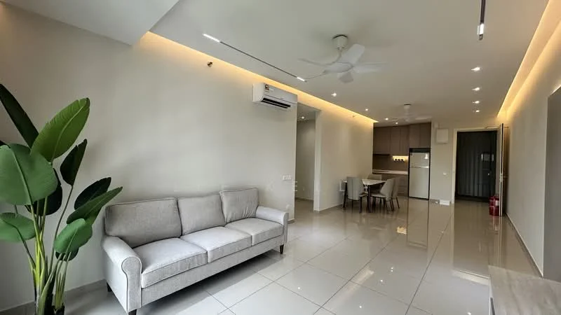 Living features: 3-seater fabric sofa in light grey, white painted walls, polished ceramic tile flooring, recessed LED downlights, 5-blade ceiling fan with light, wall-mounted split AC, floor-to-ceiling windows, decorative indoor plant, open layout to kitchen, neutral color palette; style: modern. Kitchen features: kitchen island, stainless-steel fridge, built-in cabinetry, white countertops, open-plan layout, dining area with table and chairs; style: modern.
