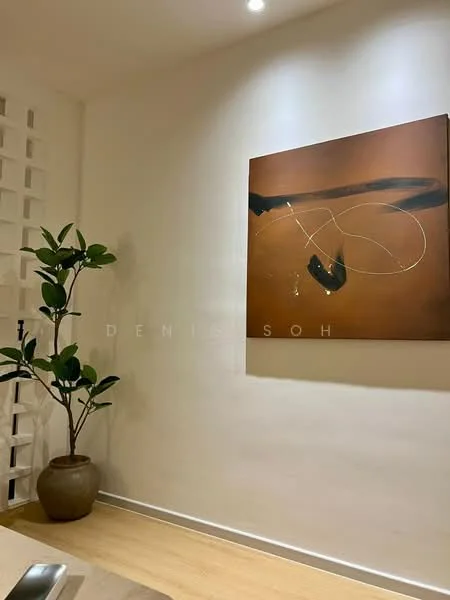 Room features: white painted walls, wooden flooring, decorative artwork on wall, indoor plant in pot, recessed lighting; style: modern.