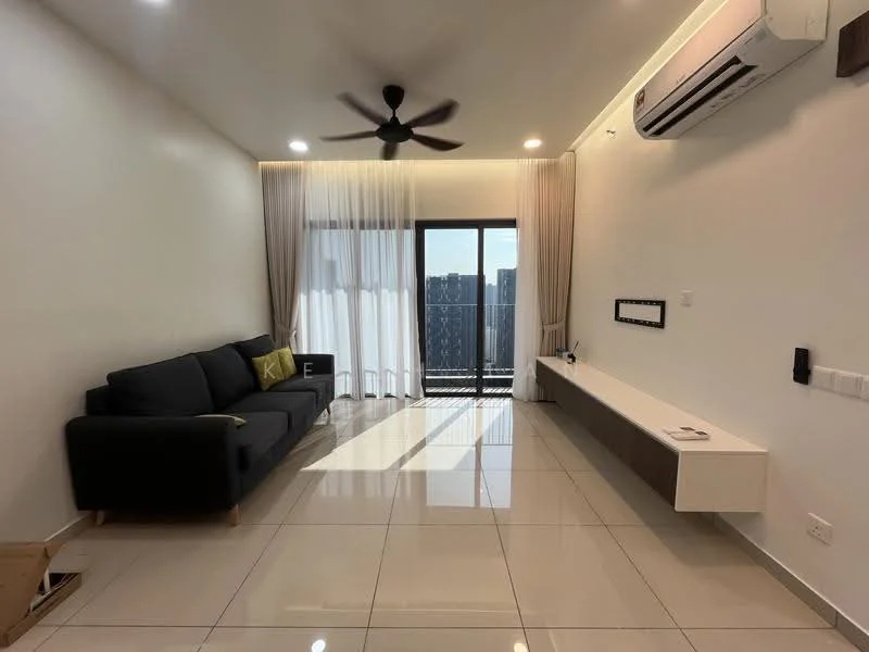 Living features: 3-seater fabric sofa in dark grey, ceiling fan with light, wall-mounted TV console, floor-to-ceiling windows, sheer curtains, white painted walls, glossy ceramic tile flooring, LED recessed lighting, balcony access, decorative wall panel; style: modern; view: city.