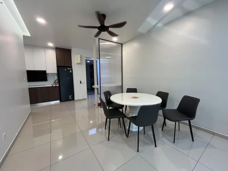Dining features: round dining table, white table top, black dining chairs, 5-blade ceiling fan, grey tiled flooring, white painted walls, recessed lighting, open layout to kitchen, wall-mounted TV, kitchen cabinetry visible in background; style: modern.