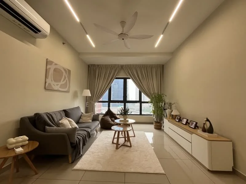 Living features: 3-seater fabric sofa in grey, coffee table, area rug, floor-to-ceiling windows, sheer curtains, wall-mounted TV console, decorative plants, recessed LED downlights, ceiling fan, decorative wall art, laminate flooring; style: modern; view: city.