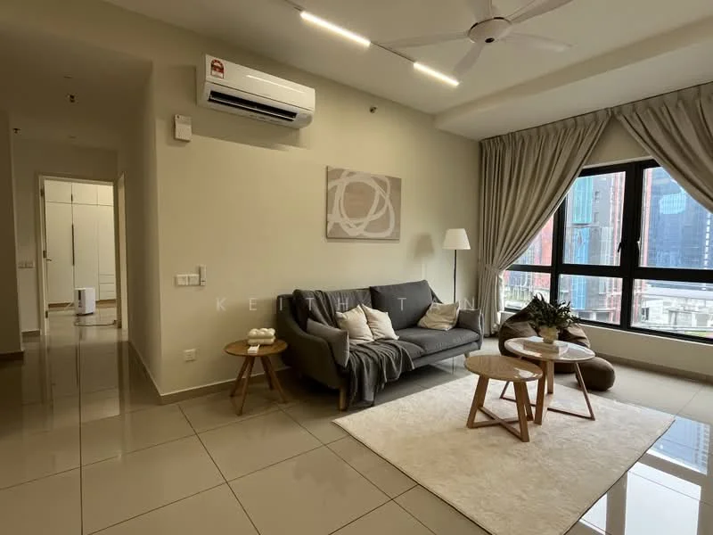 Living features: 3-seater fabric sofa in grey, 2 round wooden coffee tables, area rug with geometric pattern, floor-to-ceiling windows, curtains in light fabric, wall-mounted split AC, wall art with abstract design, recessed downlights, polished ceramic tile flooring; style: modern; view: city. Room features: white painted walls, light-colored ceiling, ceiling fan.