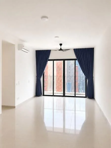 Living features: white painted walls, polished ceramic tile flooring, 5-blade ceiling fan with light, floor-to-ceiling windows, blue curtains, balcony access, 1 wall-mounted split AC; style: modern.
