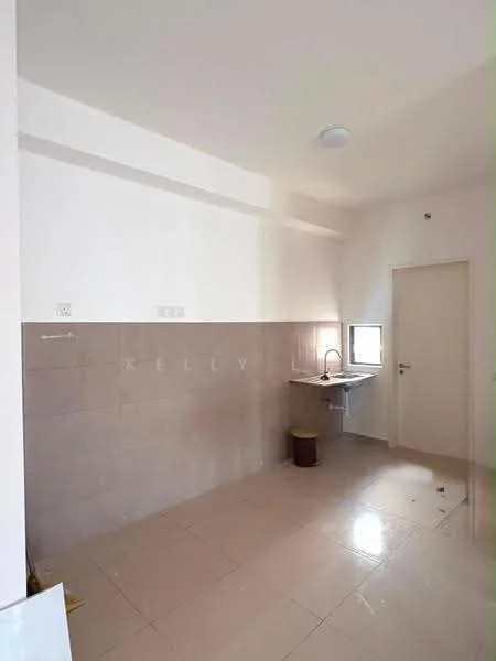 Laundry features: white painted walls, beige tiled walls, light beige floor tiles, single-bowl stainless-steel sink, chrome pull-down faucet, window with natural light, door leading to another room, ceiling light fixture.