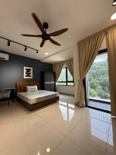 Bedroom features: king-size bed, upholstered headboard, 2 bedside lamps, built-in wardrobe, floor-to-ceiling windows, sliding glass door, curtains, 5-blade ceiling fan, recessed downlights, cream tiled flooring, accent wall in dark blue, decorative artwork; style: modern; view: mountain.
