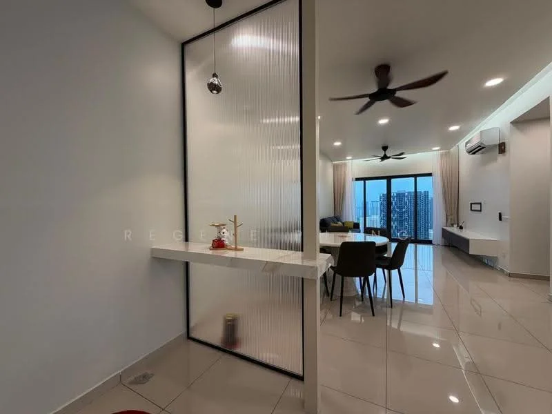 Room features: white painted walls, glossy tile flooring, 5-blade ceiling fan, recessed LED downlights, glass partition, dining table with chairs, floor-to-ceiling windows, city skyline view; style: modern; view: city.