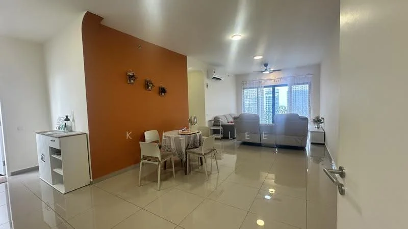 Living features: cream painted walls, orange accent wall, glossy tile flooring, 5-blade ceiling fan, sofa in light grey, coffee table, dining table with chairs, floor-to-ceiling windows, sheer curtains, air conditioning unit; style: modern. Room features: white walls, glossy tile flooring.