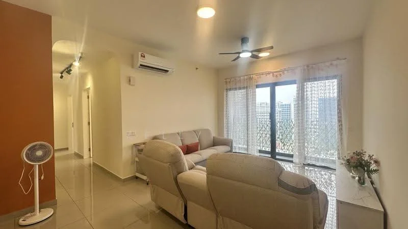 Living features: 3-seater fabric sofa in light grey, ceiling fan with light, floor-to-ceiling windows, sheer curtains, wall-mounted air conditioning unit, tile flooring, decorative wall with orange paint, coffee table, TV console, area rug, potted plant, wall-mounted light fixtures; style: modern; view: city.