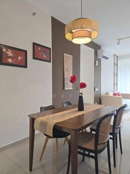 Dining features: wooden dining table, 4 dining chairs with woven seats, pendant light fixture, decorative wall art, vase with flowers, cream table runner, air conditioning unit, white walls, grey accent wall, floor-to-ceiling windows with sheer curtains; style: modern.
