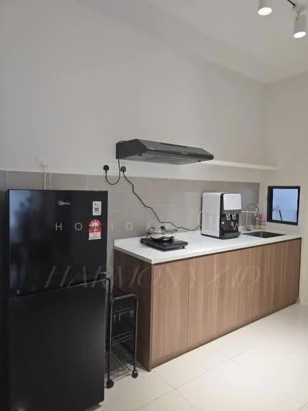 Kitchen features: white countertop, brown wooden cabinetry, black refrigerator, built-in oven, stainless-steel sink, chrome pull-down faucet, kitchen exhaust hood, countertop coffee machine, wall-mounted window, tile backsplash, ceramic tile flooring, recessed downlights; style: modern.