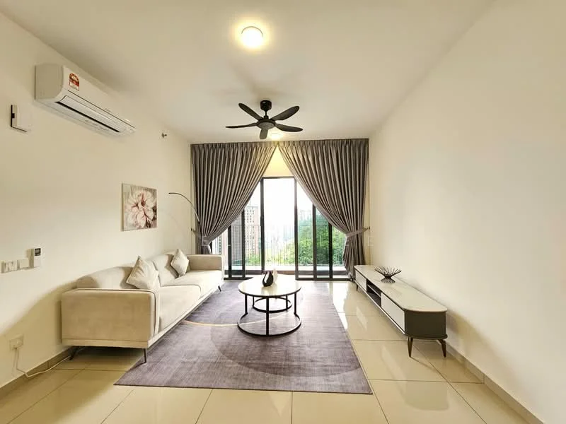 Living features: cream fabric sofa, round coffee table, area rug with geometric pattern, wall-mounted TV console, floor-to-ceiling windows, sliding glass door, 5-blade ceiling fan with light, wall-mounted split AC, curtains, decorative wall art, light-colored walls, glossy tile flooring; style: modern; view: garden.
