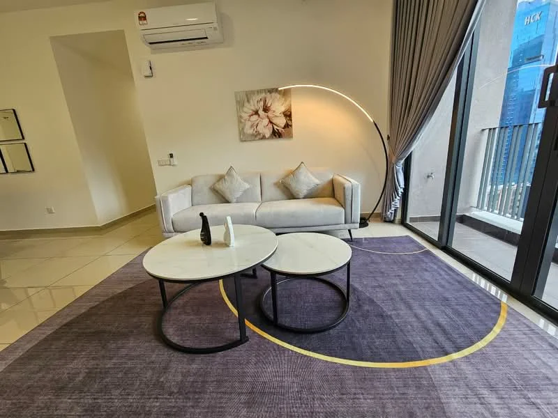 Living features: 3-seater fabric sofa in light grey, 2 round coffee tables with marble tops, purple area rug with circular pattern, floor-to-ceiling windows, curtains in light grey, modern arc floor lamp, wall-mounted air conditioning unit, framed artwork with floral design, tile flooring in cream, decorative cushions on sofa; style: modern; view: city.