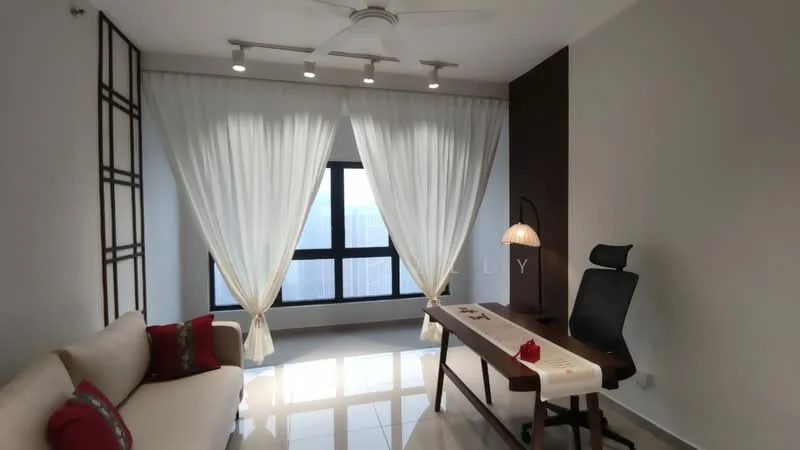 Study features: white painted walls, grey accent wall, glossy tile flooring, 5-blade ceiling fan with light, floor-to-ceiling windows, sheer curtains, wooden desk, ergonomic office chair, sofa with decorative cushions, table lamp; style: modern; view: city.