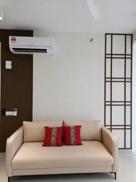 Living features: beige fabric sofa, two red decorative cushions, white painted walls, brown accent wall, wall-mounted split AC, recessed downlights, floor-to-ceiling windows with sheer curtains, glossy tile flooring, decorative wall paneling; style: modern.