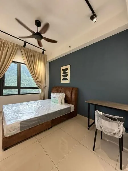 Bedroom features: king-size bed, upholstered headboard, bedside table, study desk, floor-to-ceiling window, curtains, ceiling fan, light fixture, cream tiled flooring, blue accent wall, decorative artwork; style: modern; view: mountain.