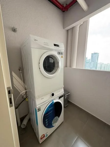Laundry features: stacked washer and dryer, white appliance color, silver control panel, drainage hose, tiled flooring, light grey painted walls, window with city view, exposed plumbing; style: modern; view: city.