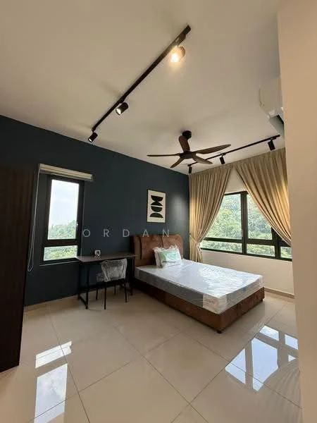 Bedroom features: queen-size bed with upholstered headboard, 2 bedside lamps, study desk with chair, floor-to-ceiling window, curtains, 5-blade ceiling fan with light, recessed downlights, white walls, glossy tile flooring, wooden wardrobe, decorative artwork on wall, view of greenery; style: modern; view: garden.