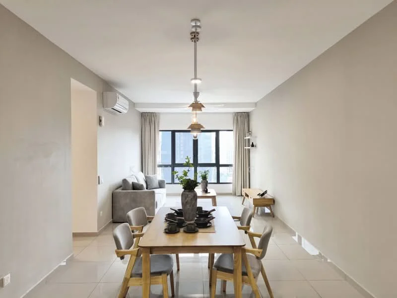 Dining features: dining table with wooden surface, 4 upholstered dining chairs in grey, pendant light fixture, floor-to-ceiling windows, light grey painted walls, white tiled flooring, decorative vase with greenery, tableware set on the table, air conditioning unit on the wall, curtains on windows; style: modern; view: city. Living features: grey fabric sofa, coffee table, decorative wall shelf, light grey painted walls, floor-to-ceiling windows, white tiled flooring; style: modern; view: city.