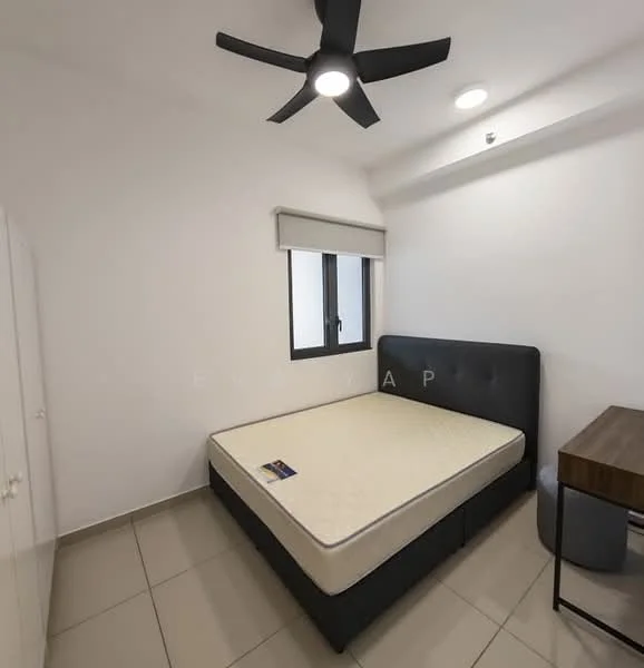 Bedroom features: queen-size bed, upholstered headboard, 2 bedside lamps, built-in wardrobe with white doors, study desk with wooden surface, chair, ceiling fan with 3 blades, floor-to-ceiling window, white painted walls, tile flooring; style: modern.