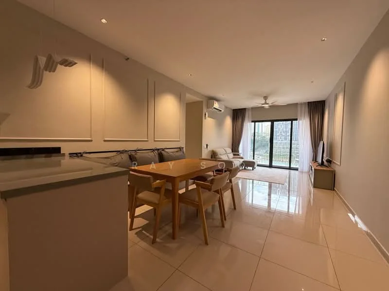 Living features: white painted walls, glossy tile flooring, 5-blade ceiling fan with light, floor-to-ceiling windows, sliding glass door, curtains, dining table with 4 chairs, sofa, decorative wall paneling, recessed downlights; style: modern; view: garden.