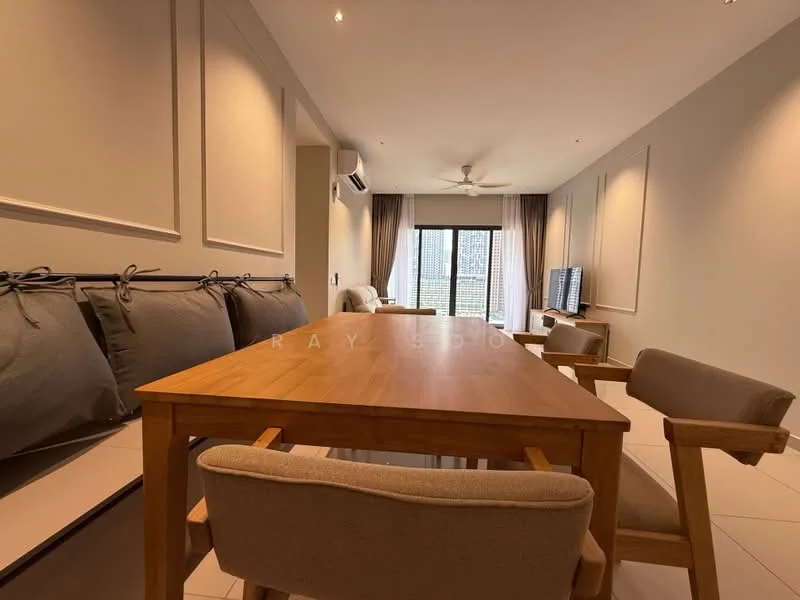 Living features: light grey painted walls, white ceiling, 5-blade ceiling fan with light, floor-to-ceiling windows, sliding glass door, grey fabric sofa with cushions, wooden dining table, 4 upholstered dining chairs, TV console, wall-mounted TV, area rug, curtains; style: modern.