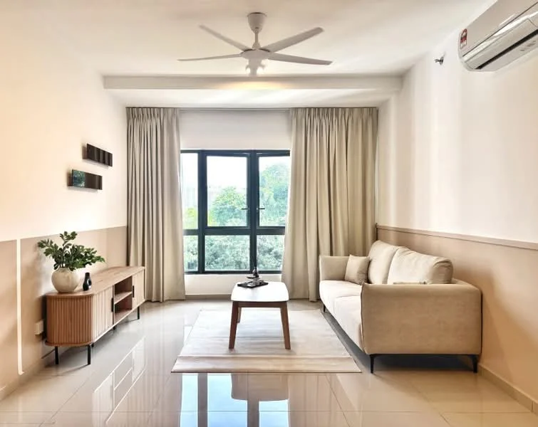 Living features: 3-seater fabric sofa in beige, wooden coffee table, TV console with decorative items, floor-to-ceiling windows, sheer curtains, cream painted walls, light brown accent wall, polished tile flooring, 5-blade ceiling fan with light, wall-mounted split AC, area rug; style: modern; view: garden.
