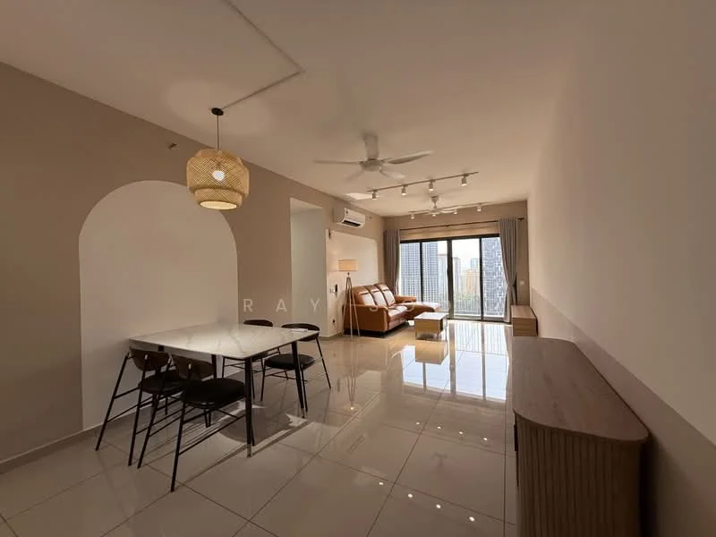Living features: large floor-to-ceiling windows, sliding glass door, 3-blade ceiling fan, recessed downlights, cream painted walls, glossy ceramic tile flooring, brown leather sofa, dining table with 4 black chairs, wooden sideboard, city view, open layout; style: modern; view: city.