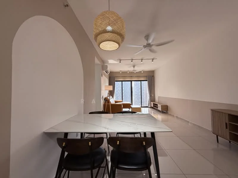 Living features: floor-to-ceiling windows, sliding glass door, 3-blade ceiling fan, pendant light, light-colored walls, white tiled flooring, sofa in beige, TV console, wooden sideboard, dining table with marble top, black dining chairs; style: modern; view: city.