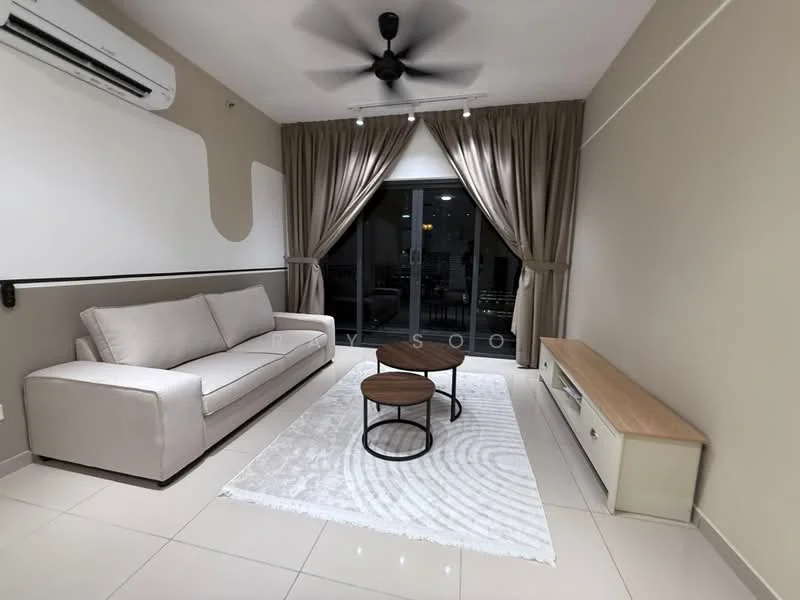 Living features: 3-seater fabric sofa in beige, round coffee table with wooden top and black metal base, TV console with wooden top and white cabinet, area rug with circular pattern, floor-to-ceiling windows, curtains in light beige, wall-mounted split AC, recessed downlights, light-colored painted walls, tile flooring; style: modern.