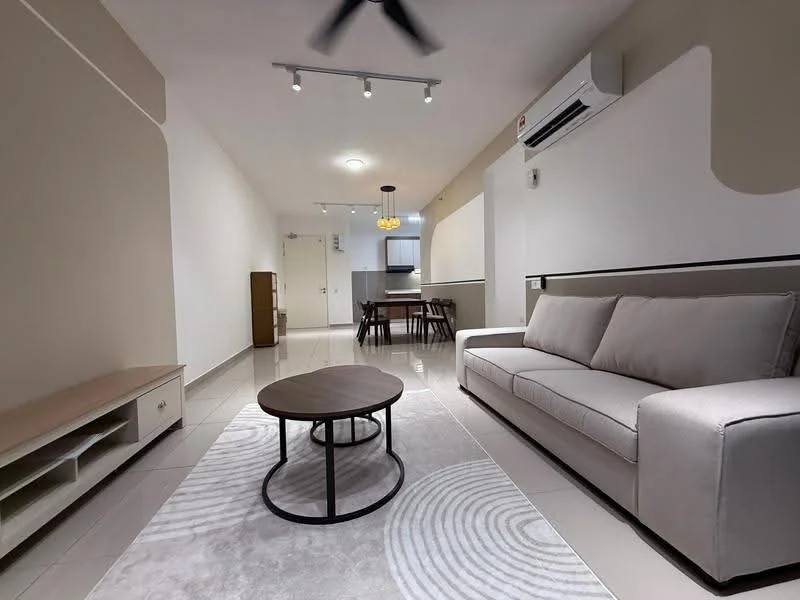 Living features: light grey fabric sofa, round coffee table with black base, area rug with circular pattern, wall-mounted TV console, recessed LED downlights, ceiling fan, split air conditioning unit, neutral painted walls, tile flooring; style: modern. Dining features: wooden dining table, four dining chairs, pendant light fixture, open layout to kitchen, neutral painted walls, tile flooring; style: modern.