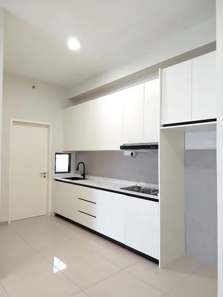 Kitchen features: white cabinetry with flat-panel doors, black handles, stainless-steel sink, chrome pull-down faucet, built-in gas stove, black range hood, grey tiled backsplash, white walls, glossy ceramic tile flooring, recessed ceiling lights; style: modern.