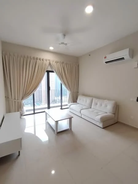 Living features: 3-seater fabric sofa in white, coffee table, floor-to-ceiling windows, sheer curtains, wall-mounted split AC, recessed downlights, light-coloured tiled flooring, plain painted walls, ceiling fan; style: modern; view: city.