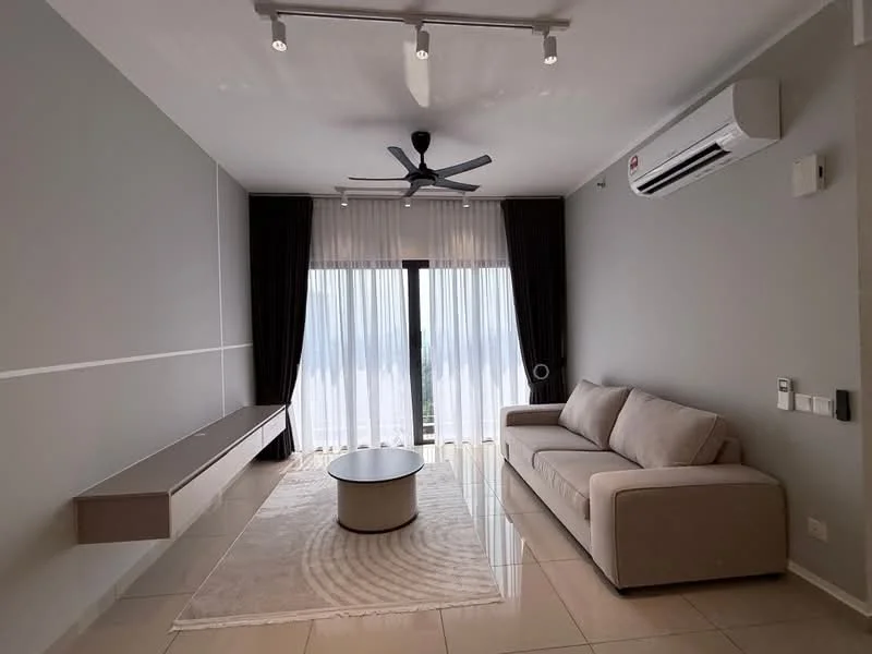 Living features: beige fabric sofa, round coffee table, wall-mounted TV console, 5-blade ceiling fan with light, floor-to-ceiling windows, sheer curtains, blackout curtains, polished tile flooring, air conditioning unit, decorative wall paneling, area rug with geometric pattern; style: modern; view: city.